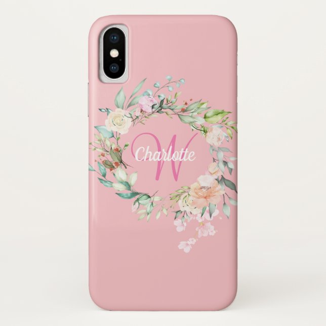 Girly Pink Monogram Initial Rose Floral Case-Mate iPhone Hülle (Rückseite)