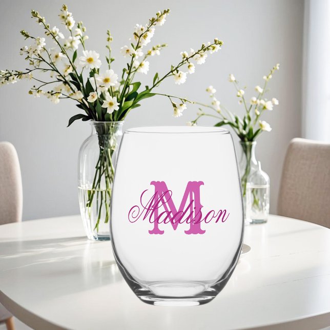 Girly pink Monogramm und Name Weinglas Ohne Stiel (Von Creator hochgeladen)