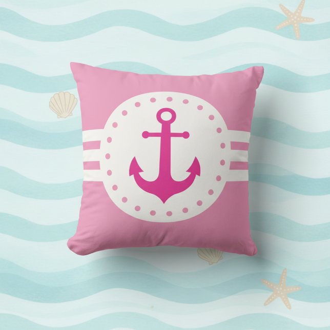 Girly Pink Nautical Anchor Throw Pillow Kissen (Girly pink and white nautical anchor throw pillow.)