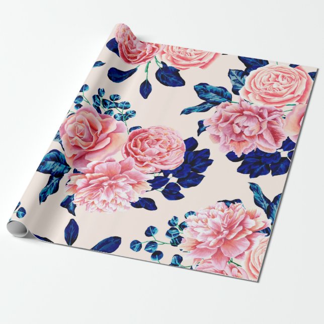 Girly Pink Navy Blue Country Blume Geschenkpapier (Ungerollt)