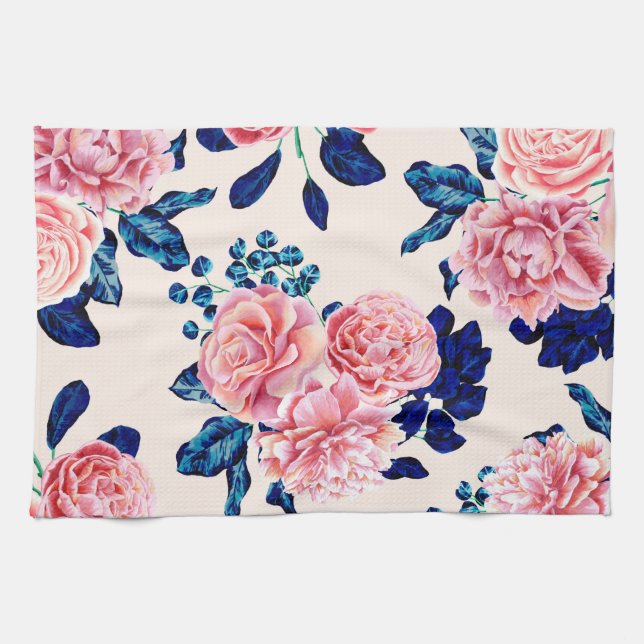 Girly Pink Navy Blue Country Blume Geschirrtuch (Horizontal)