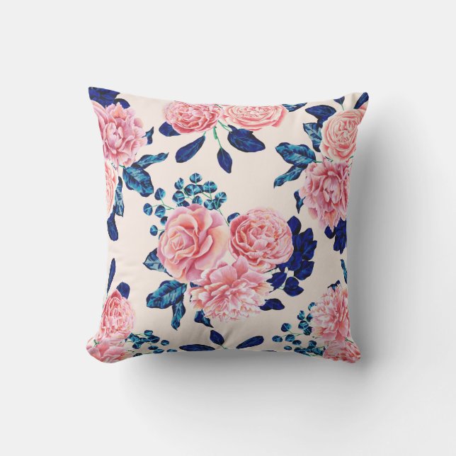 Girly Pink Navy Blue Country Blume Kissen (Vorderseite)