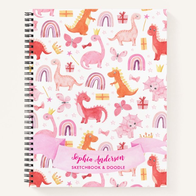 Girly Pink Niedlich Dino Dinosaur Individuelle Nam Notizbuch (Vorderseite)