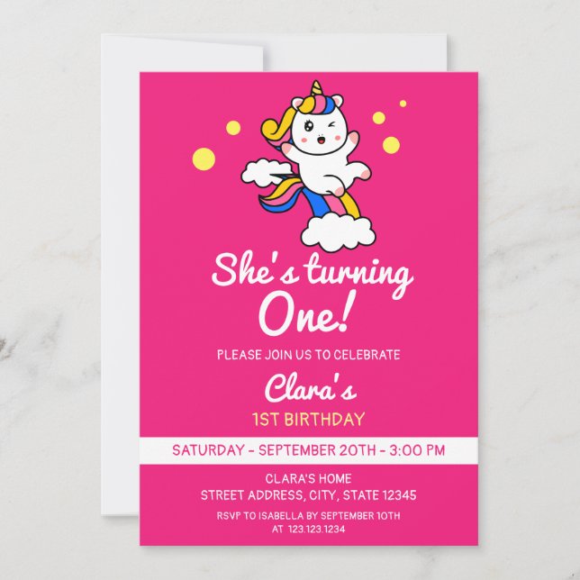 Girly Pink Niedlich Rainbow Unicorn Einladung (Vorderseite)