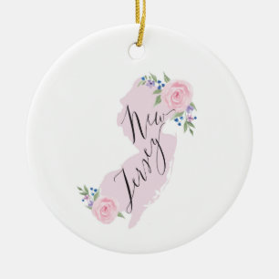 Girly Pink NJ Watercolor Staat Map Keramik Ornament