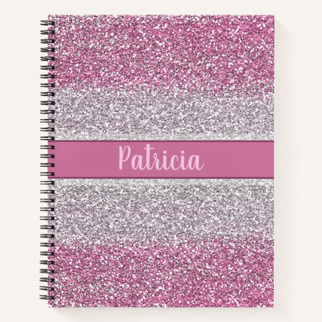 Girly Pink Ombre Glitzer Personalisierter Name Notizbuch (Vorderseite)