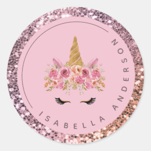 Girly Pink Ombre Glitzer Unicorn Runder Aufkleber