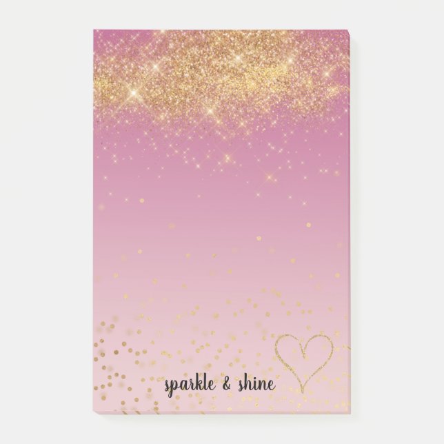 Girly Pink Ombre Gold Sparkle Confetti Glitzer Post-it Klebezettel (Vorderseite)