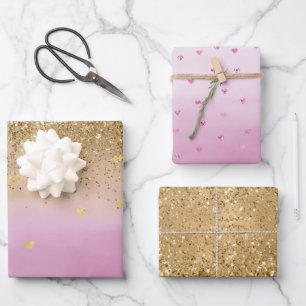Girly Pink Ombre Wasserfarbe Gold Glitzer Herz Geschenkpapier Set