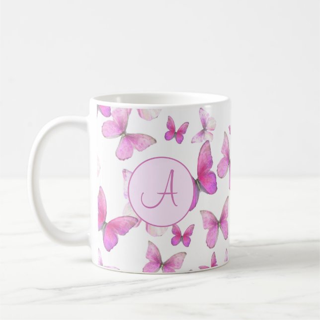 Girly Pink Pastel Butterfets Custom Mit Monogramm Kaffeetasse (Links)