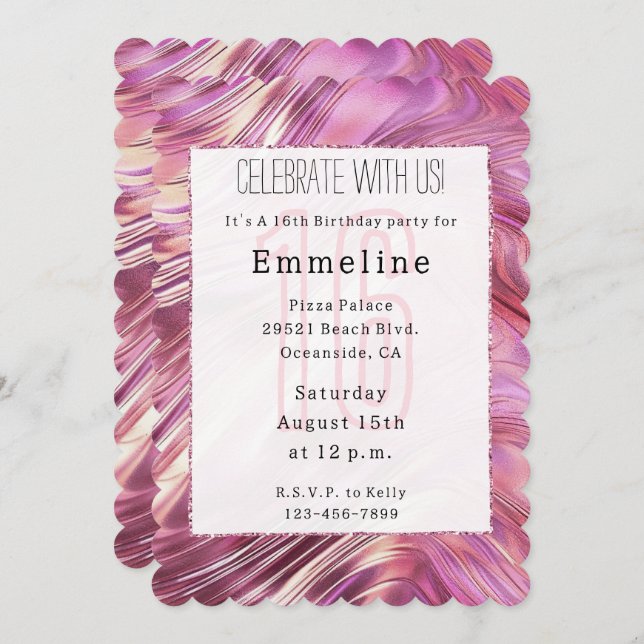 Girly Pink Pearl Rose Gold Glam Sweet 16 Einladung (Vorne/Hinten)