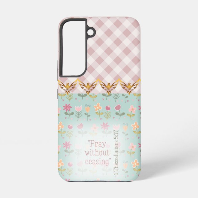 Girly Pink Plaid Pastel Floral Gold Doves Faith Samsung Galaxy Hülle (Rückseite)