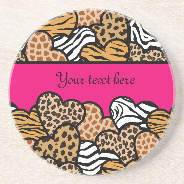 Girly Pink Playful Animal Print Herz Name Getränkeuntersetzer (Vorne)