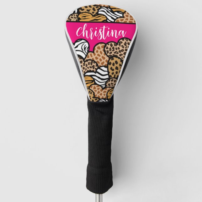 Girly Pink Playful Animal Print Herz Name Golf Headcover (Vorderseite)