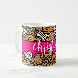 Girly Pink Playful Animal Print Herz Name Kaffeetasse