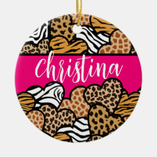 Girly Pink Playful Animal Print Herz Name Keramik Ornament