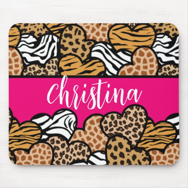 Girly Pink Playful Animal Print Herz Name Mousepad (Vorne)