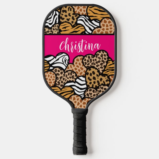 Girly Pink Playful Animal Print Herz Name Pickleball Schläger (Vorderseite)