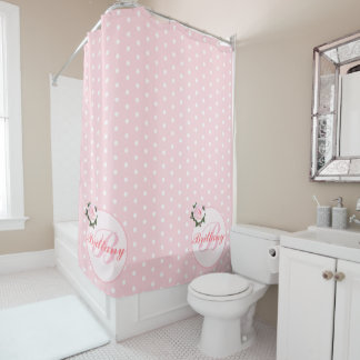 Girly Pink Polka Dot Blume Mit Monogramm Bath Duschvorhang