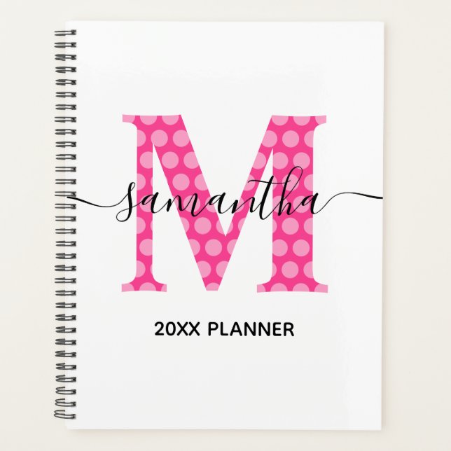 Girly Pink Polka Dot Monogram Planer (Vorderseite)