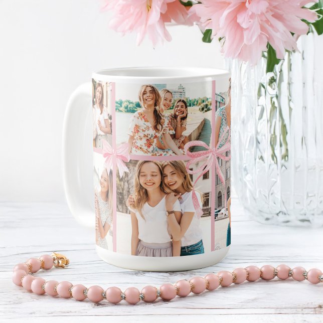 Girly Pink Polka Dot Ribbon Foto Collage Keepake Kaffeetasse (Girly Pink Polka Dot Ribbon Photo Collage Keepsake Coffee Mug)