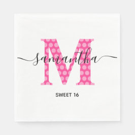 Girly Pink Polka Dotted Monogram Sweet 16 Serviette
