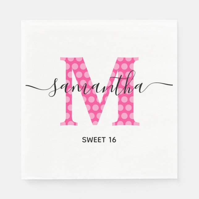 Girly Pink Polka Dotted Monogram Sweet 16 Serviette (Vorderseite)