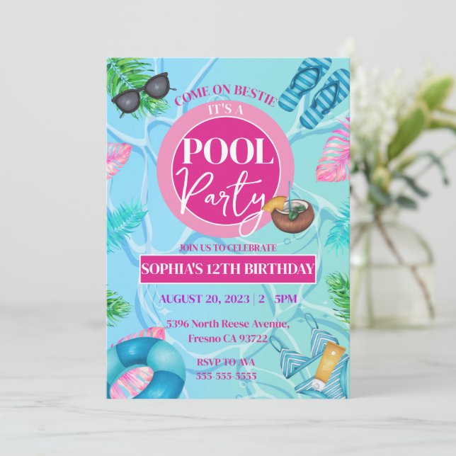 Girly Pink Pool Party Tropical Birthday Girl Einladung (Stehend Vorderseite)