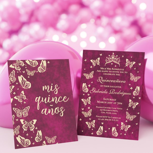 Girly Pink Quinceañera Tiara Butterfly Mis Quince Einladung (Girly Pink Quinceañera Tiara Butterfly Mis Quince Invitation)