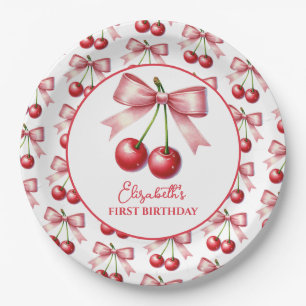 Girly Pink Red Coquette Cherry Erster Geburtstag Pappteller