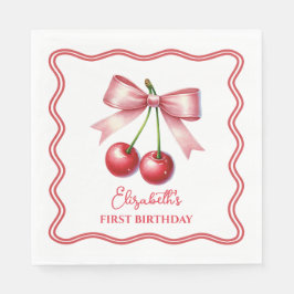 Girly Pink Red Coquette Cherry Erster Geburtstag Serviette