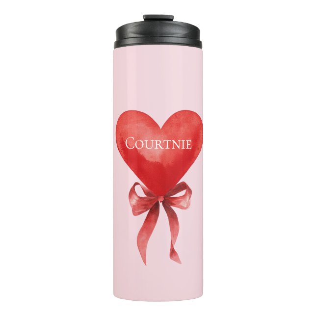 Girly Pink Red Heart Bow Thermosbecher (Vorderseite)