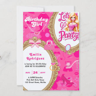 Girly Pink Retro Puppe Lass uns Geburtstag Party g Einladung