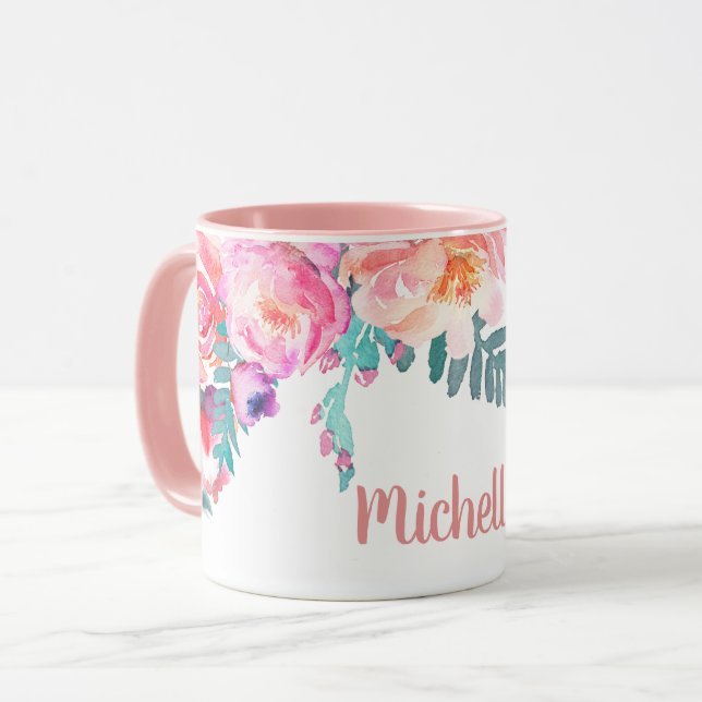 Girly Pink Rose Blume Eleganter Personalisierter N Tasse (Vorderseite Links)