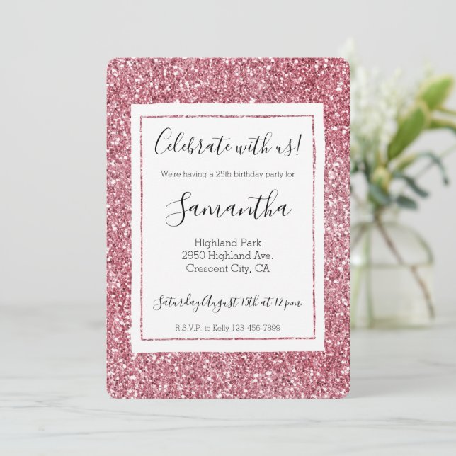 Girly Pink Rose Glitzer Einladung (Stehend Vorderseite)