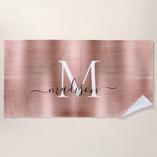Girly Pink Rose Gold Brushed Metal Script Monogram Strandtuch (Vorderseite)