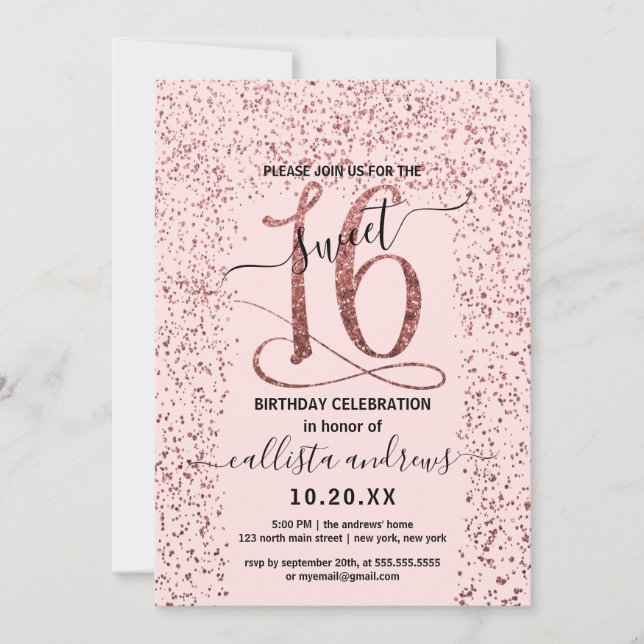 Girly Pink Rose Gold Confetti Border Sweet 16 Einladung (Vorderseite)