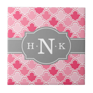 Girly Pink Scallop Muster Grau Monogramm Fliese