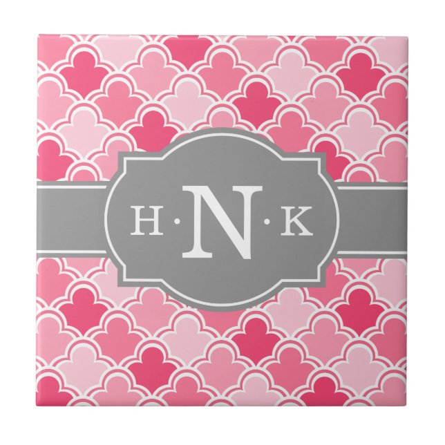 Girly Pink Scallop Muster Grau Monogramm Fliese (Vorderseite)