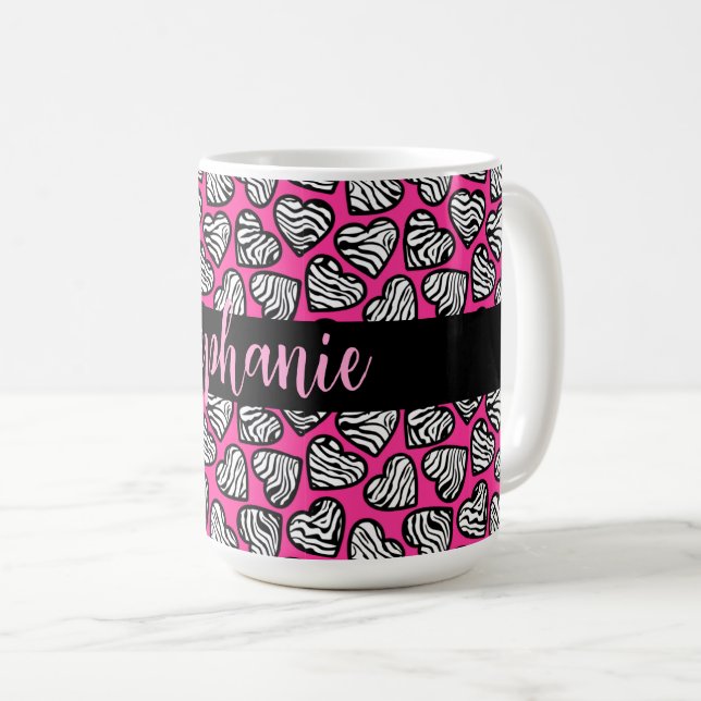 Girly pink schwarz-weiße Zebraherzen mit Namen Kaffeetasse (VorderseiteRechts)