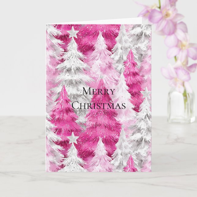 Girly Pink Silver Glam Christmas Trees  Karte (Orchidee)
