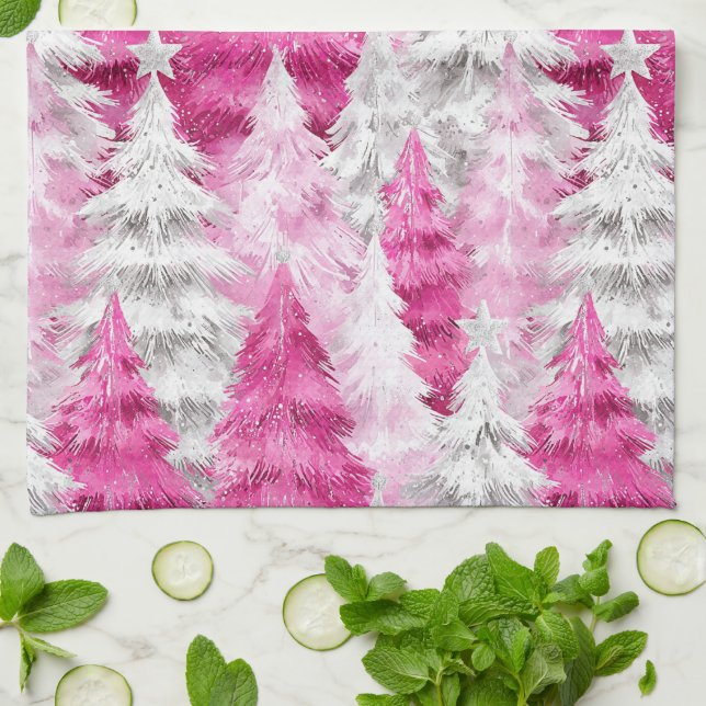 Girly Pink Silver Glam Christmas Trees Stripes Geschirrtuch (Gefaltet)