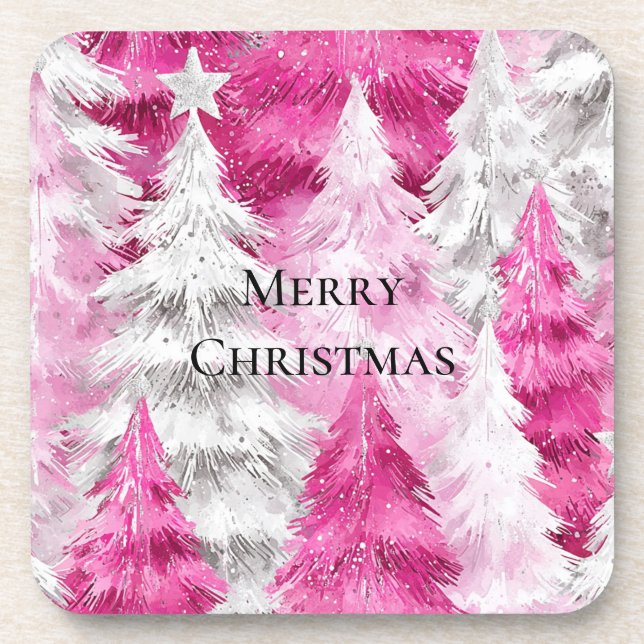 Girly Pink Silver Glam Christmas Trees Stripes Getränkeuntersetzer (Vorderseite)