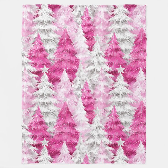 Girly Pink Silver Glam Weihnachtsbaumen Streifen Fleecedecke (Vorderseite)