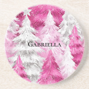 Girly Pink Silver Glam Weihnachtsbaumen Streifen Getränkeuntersetzer