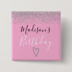 Girly Pink Silver Glitzer Glitzern Herzlich Willko Button