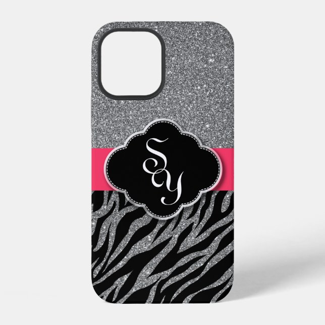 Girly Pink Silver Glitzer Zebra Pattern Initials iPhone Hülle (Rückseite)
