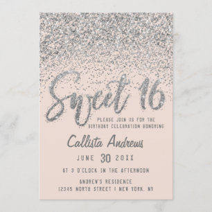 Girly Pink Silver Scattered Glitzer Ombre Sweet 16 Einladung
