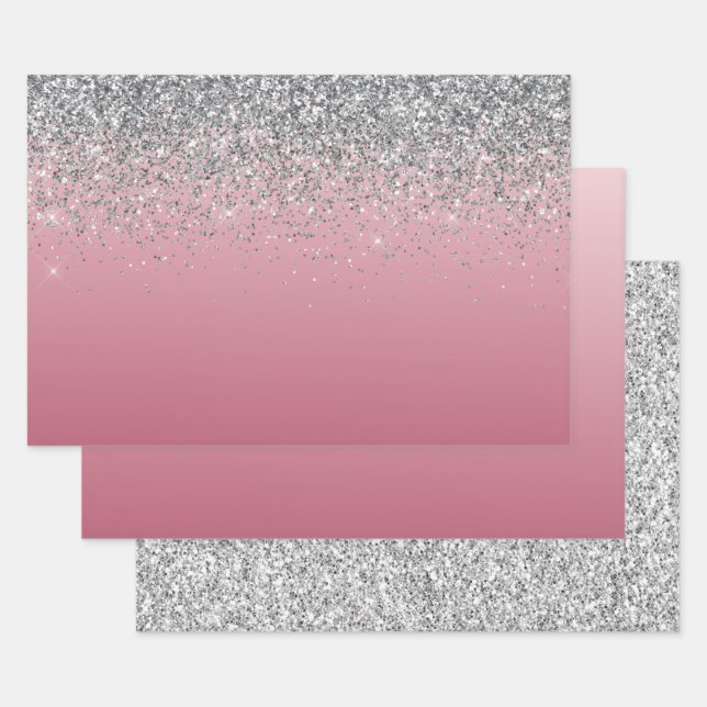 Girly Pink Silver Sparkle Glitzer     Geschenkpapier Set (Set)