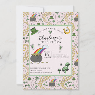 Girly Pink St Patricks Day Kindergeburtstag Einladung